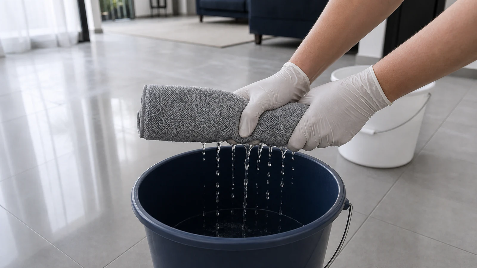 Gloved hand wringing out a microfibre mop pad over a bucket of water; water streams back into bucket, mop pad visibly compressed.