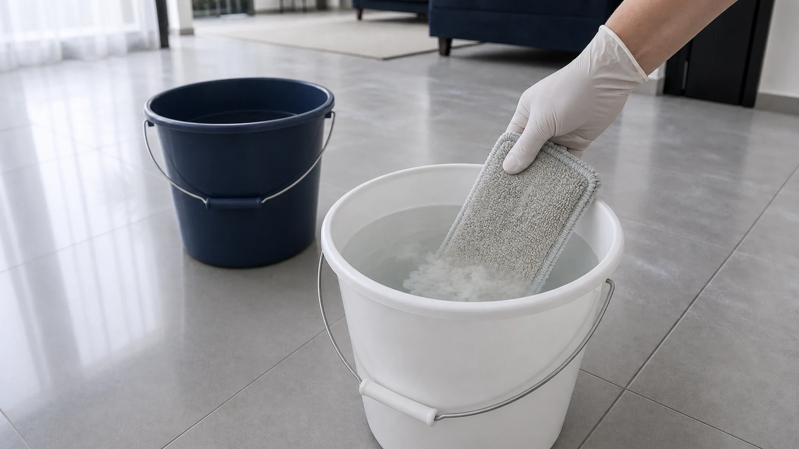 Gloved hand plunging a wet microfibre mop pad into a second bucket of clear water; the water in the rinse bucket appears slightly cloudy from residue.