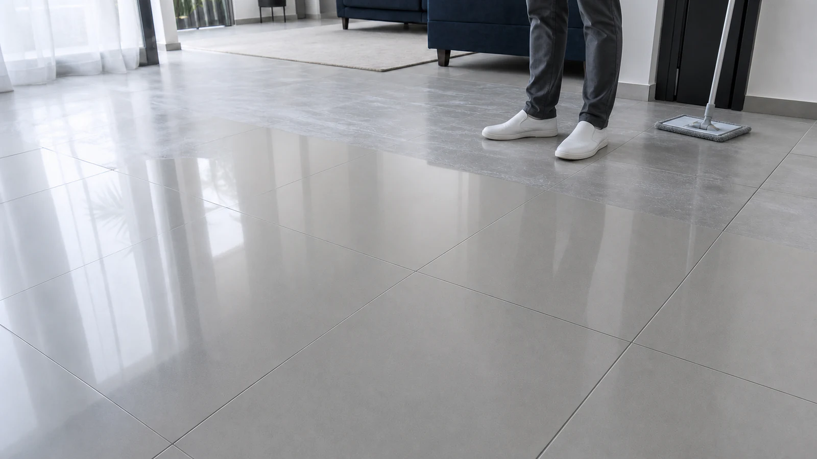 A person standing on a partly mopped ceramic floor; the mopped section (foreground) gleams with restored shine, the unmopped section behind remains dull.
