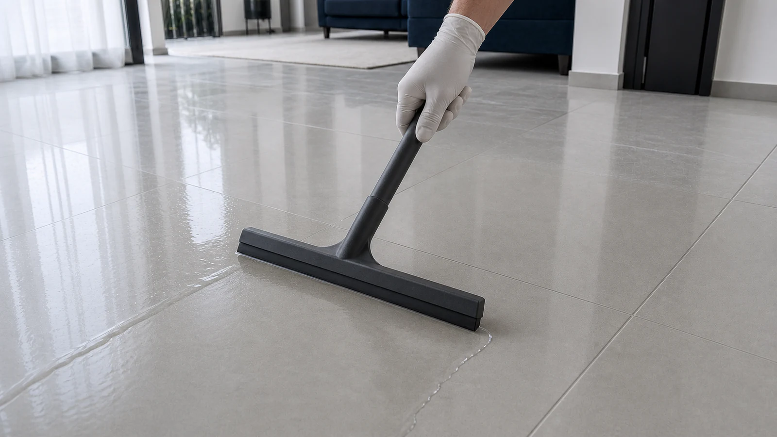 A gloved hand holding a squeegee blade at a low angle, pushing water across the wet ceramic floor toward camera; water streams visible in front of blade.