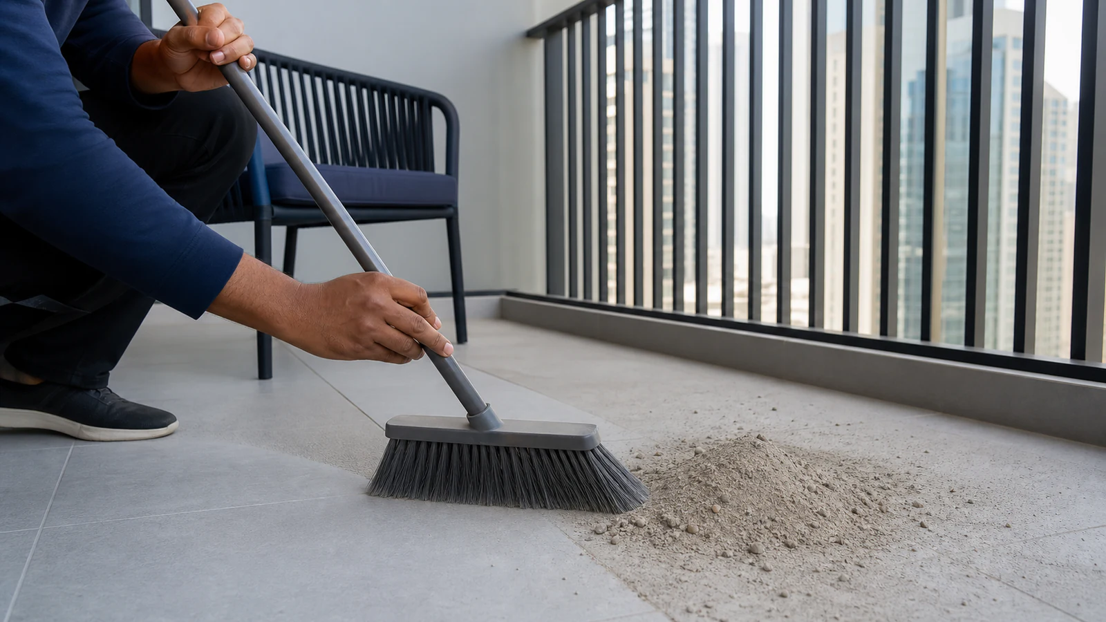 A contemporary apartment balcony with dusty tiles on the left half and clean, wet tiles on the right half, clear bright daylight, showing the contrast between dry dust crust and cleaned surface.