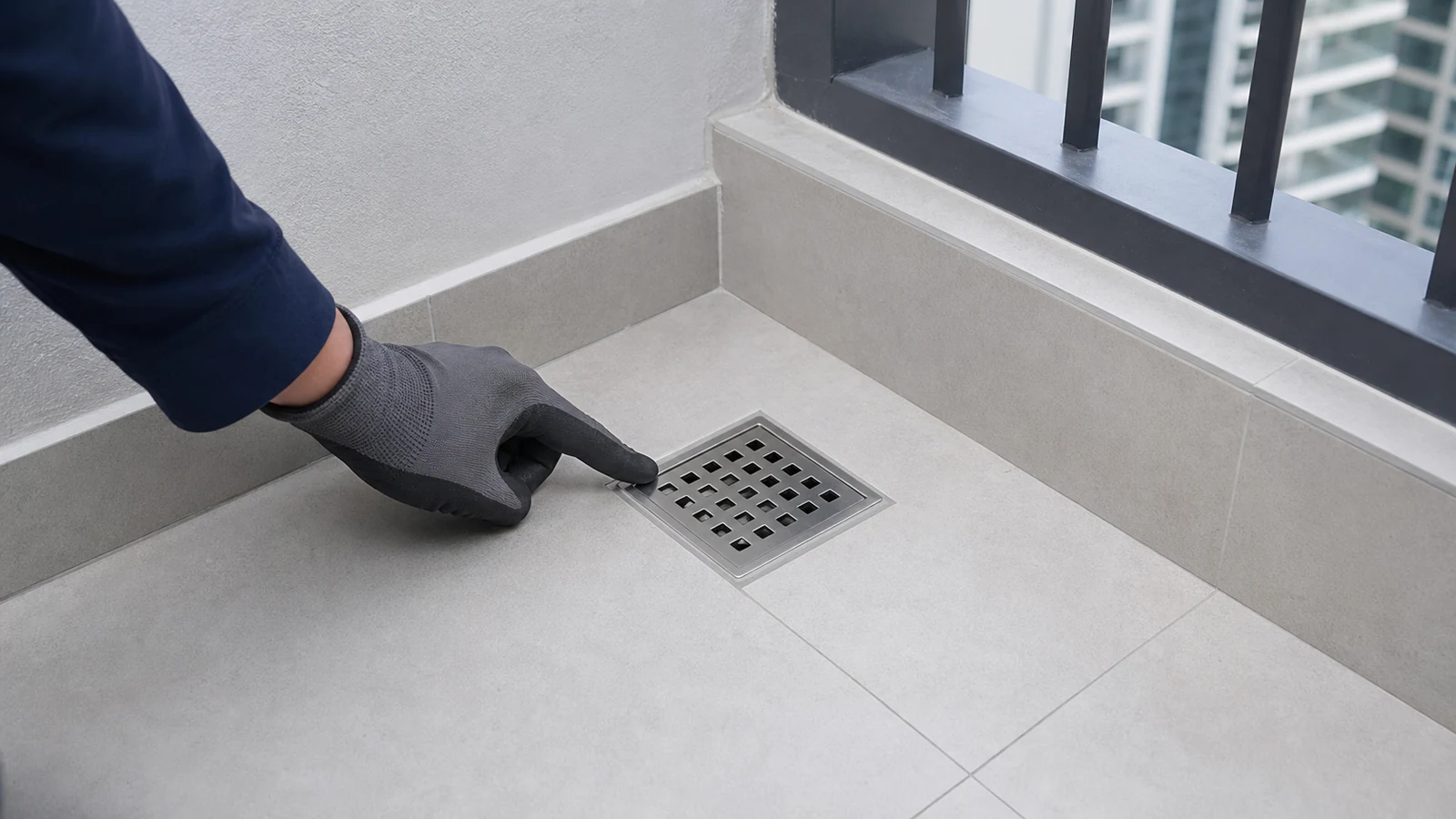 Gloved hand pointing to a clear drain grate set low in a balcony corner, no visible blockage or standing water, bright natural light.