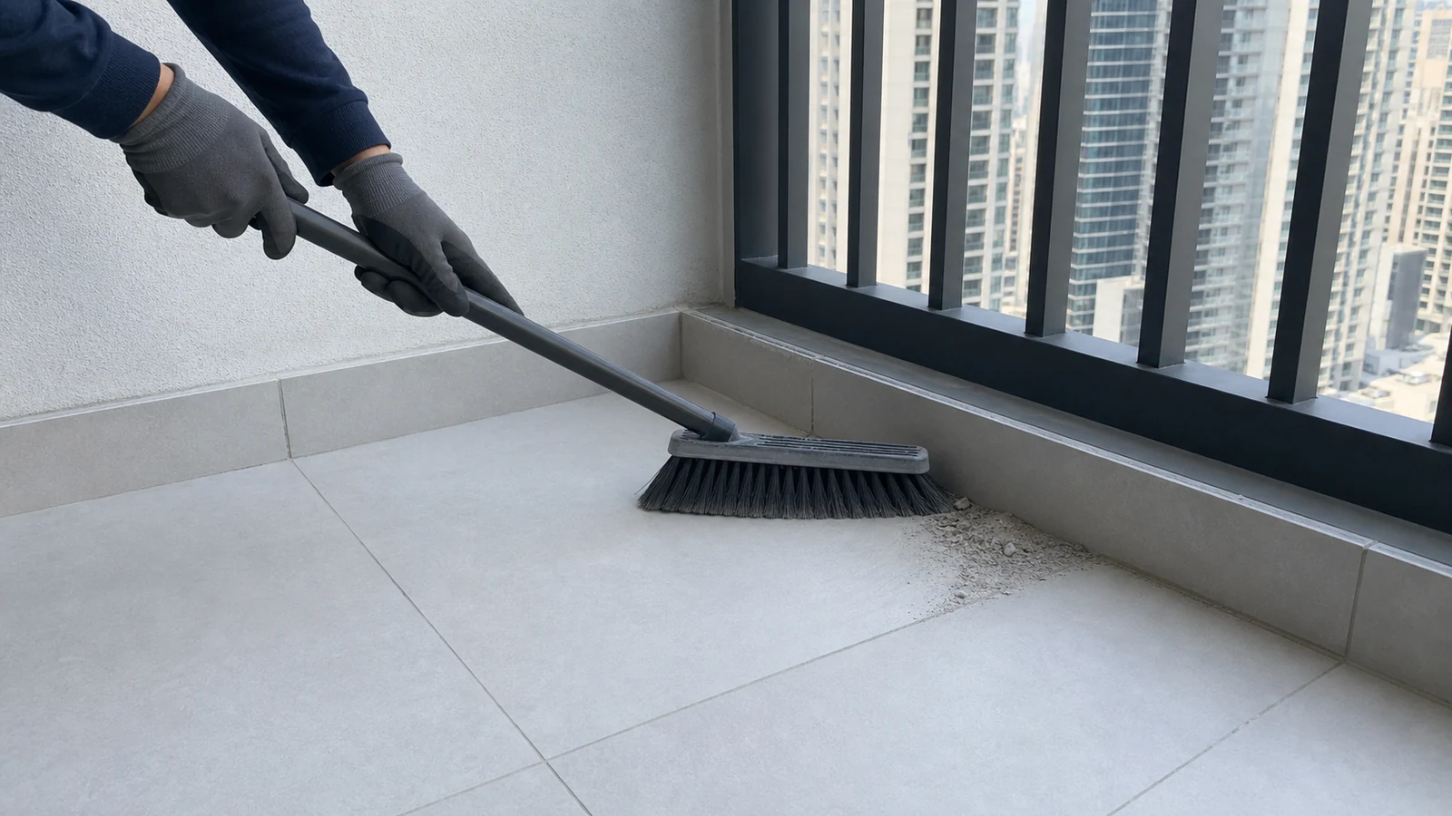 Hands holding a soft-bristled broom sweeping dusty balcony tiles towards a pile, gloved hands visible, bright daylight, fine dust visible in air near broom.