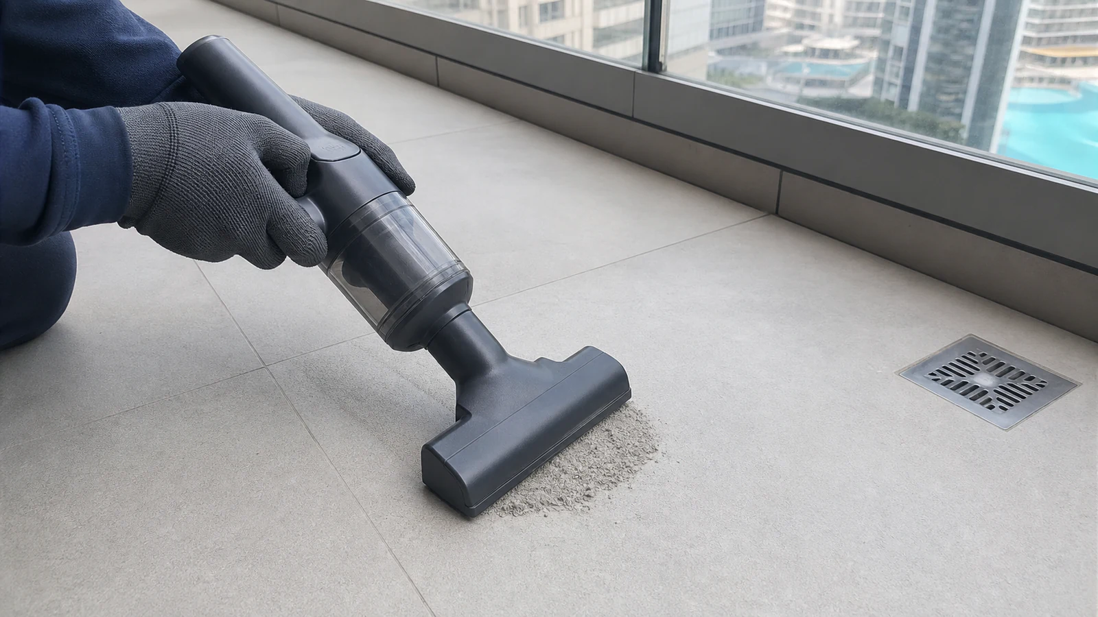 Hands holding a cordless vacuum nozzle near the ground collecting a dust pile on balcony tiles, gloved hands, contemporary apartment, daylight.