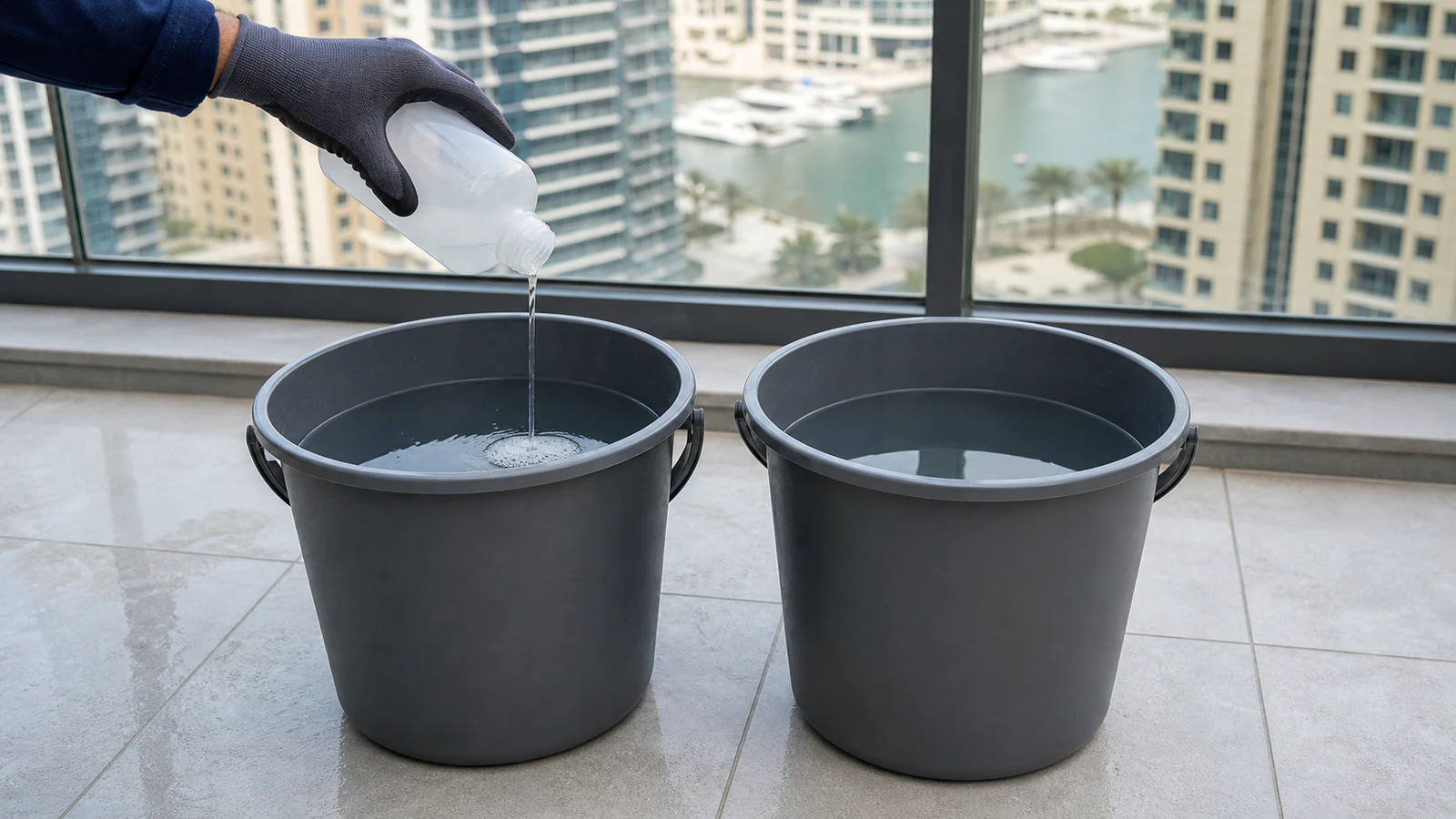 Hands pouring mild dish soap into a bucket of water on a balcony, light foam visible on water surface, two buckets side by side, daylight.
