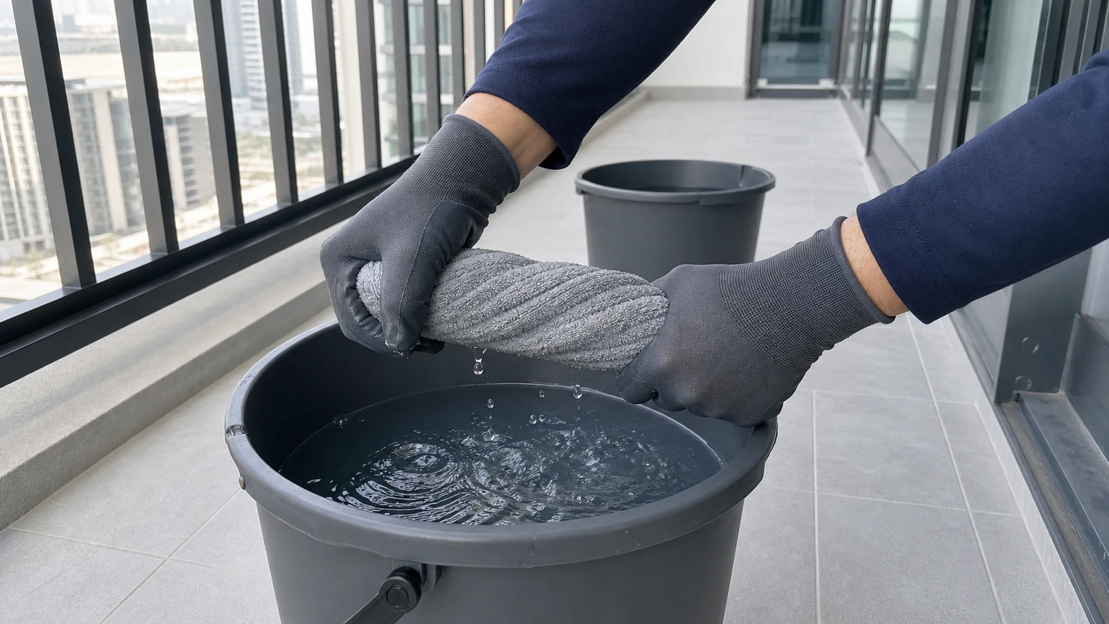 Hands wringing out a mop into a bucket, mop is visibly damp not dripping, balcony tiles in background show wet sheen, contemporary apartment, daylight.