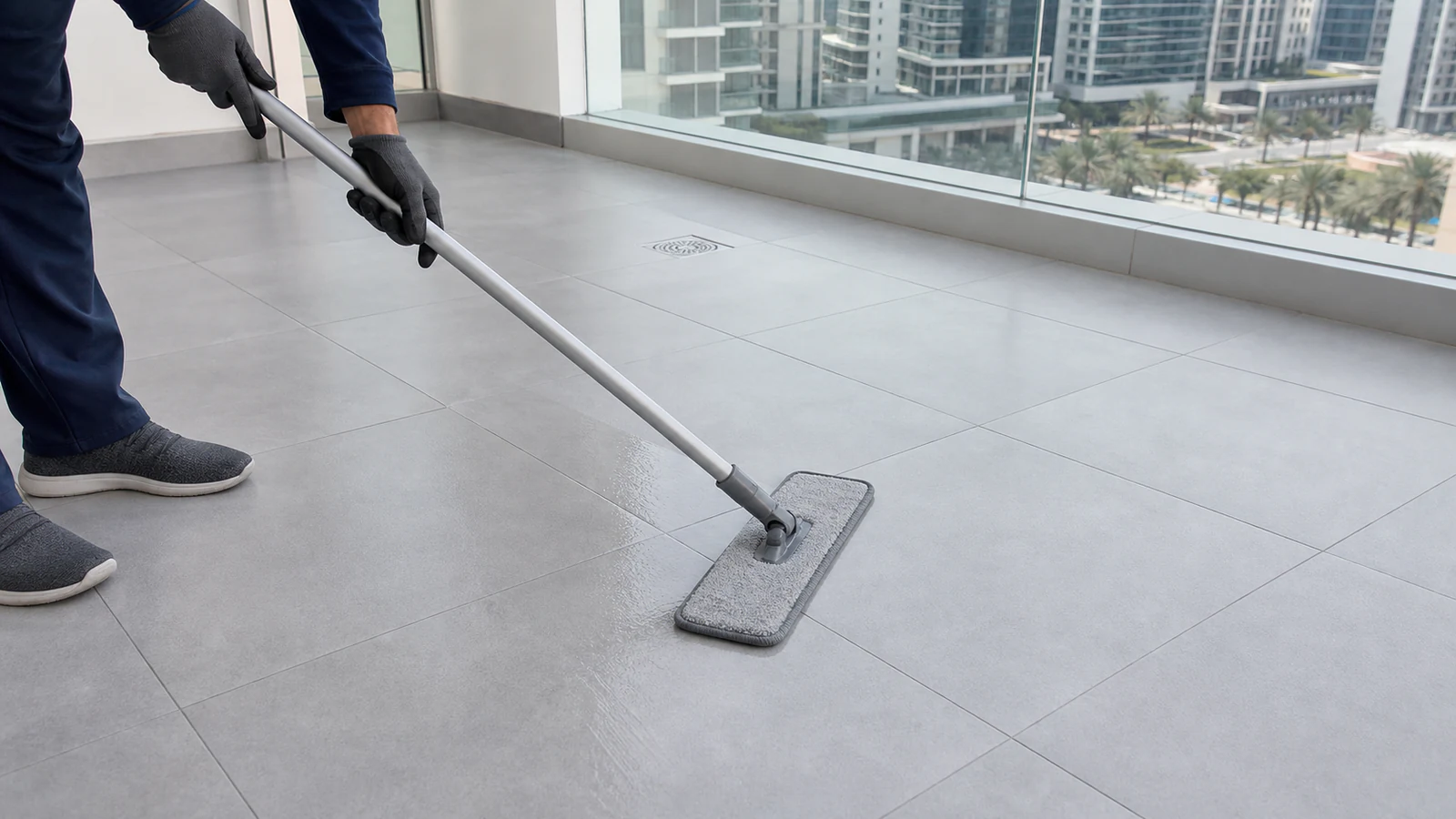 Hands holding a wrung-out mop making final passes across clean, wet balcony tiles, no foam visible, drain grate in background, daylight.