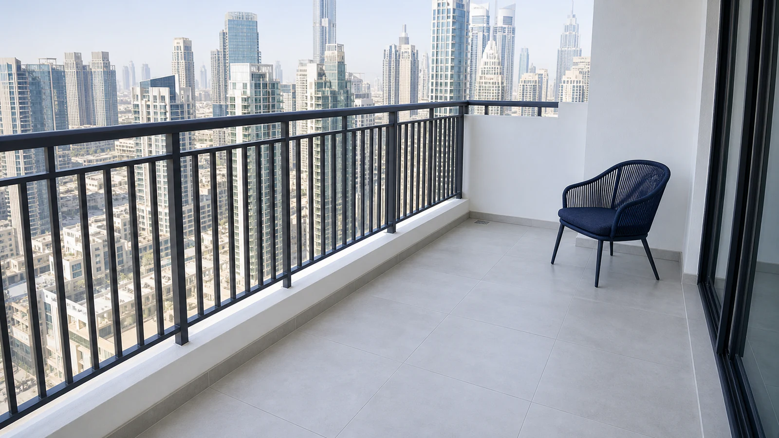 A clean, dry balcony with uniform tile colour and glossy finish in bright sunlight, no water visible, no people, contemporary apartment.
