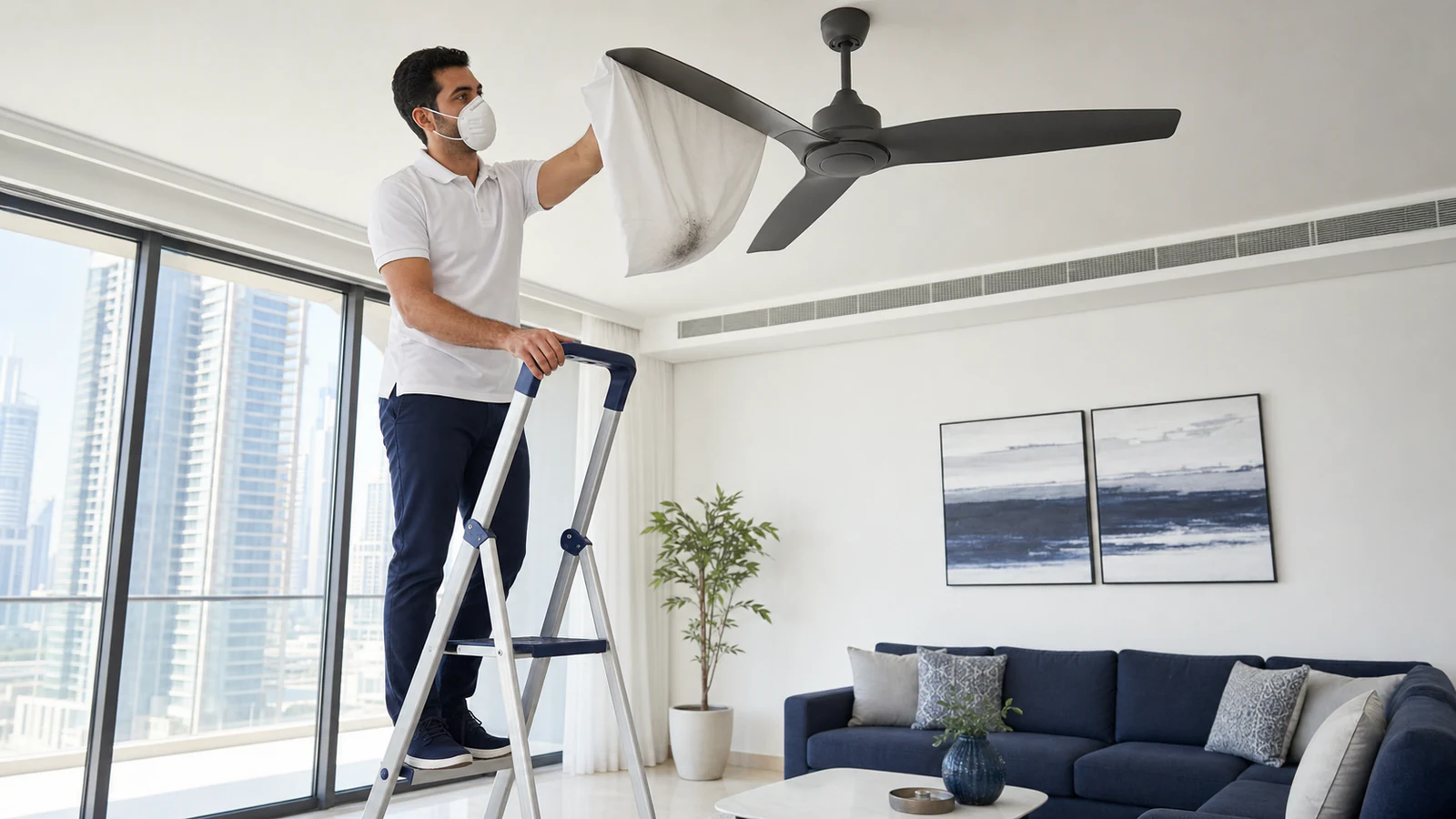 An extendable microfibre duster cleaning a stationary ceiling fan safely from floor level.