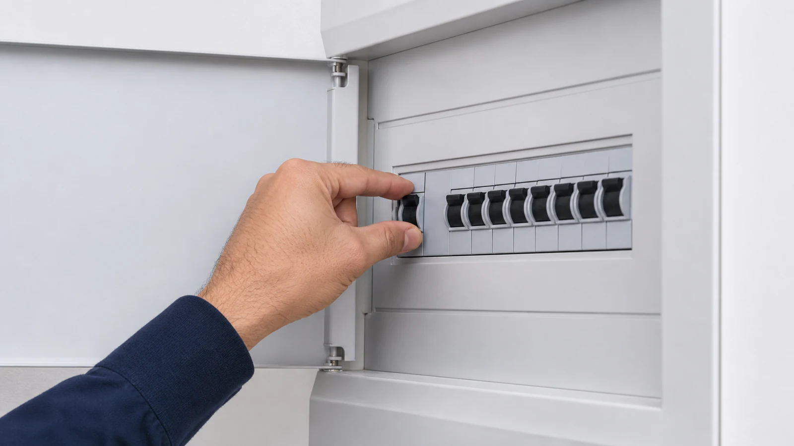 Hand turning off a circuit breaker switch on an electrical panel, labelled OFF.