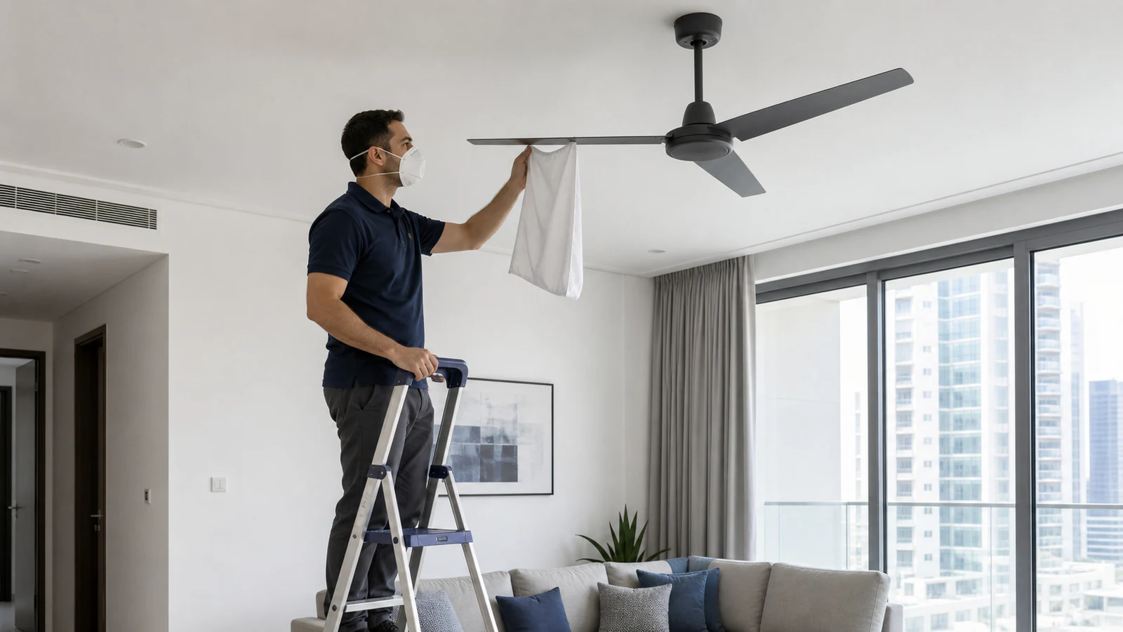 An extendable microfibre duster cleaning a stationary ceiling-fan blade while the user remains on the floor.