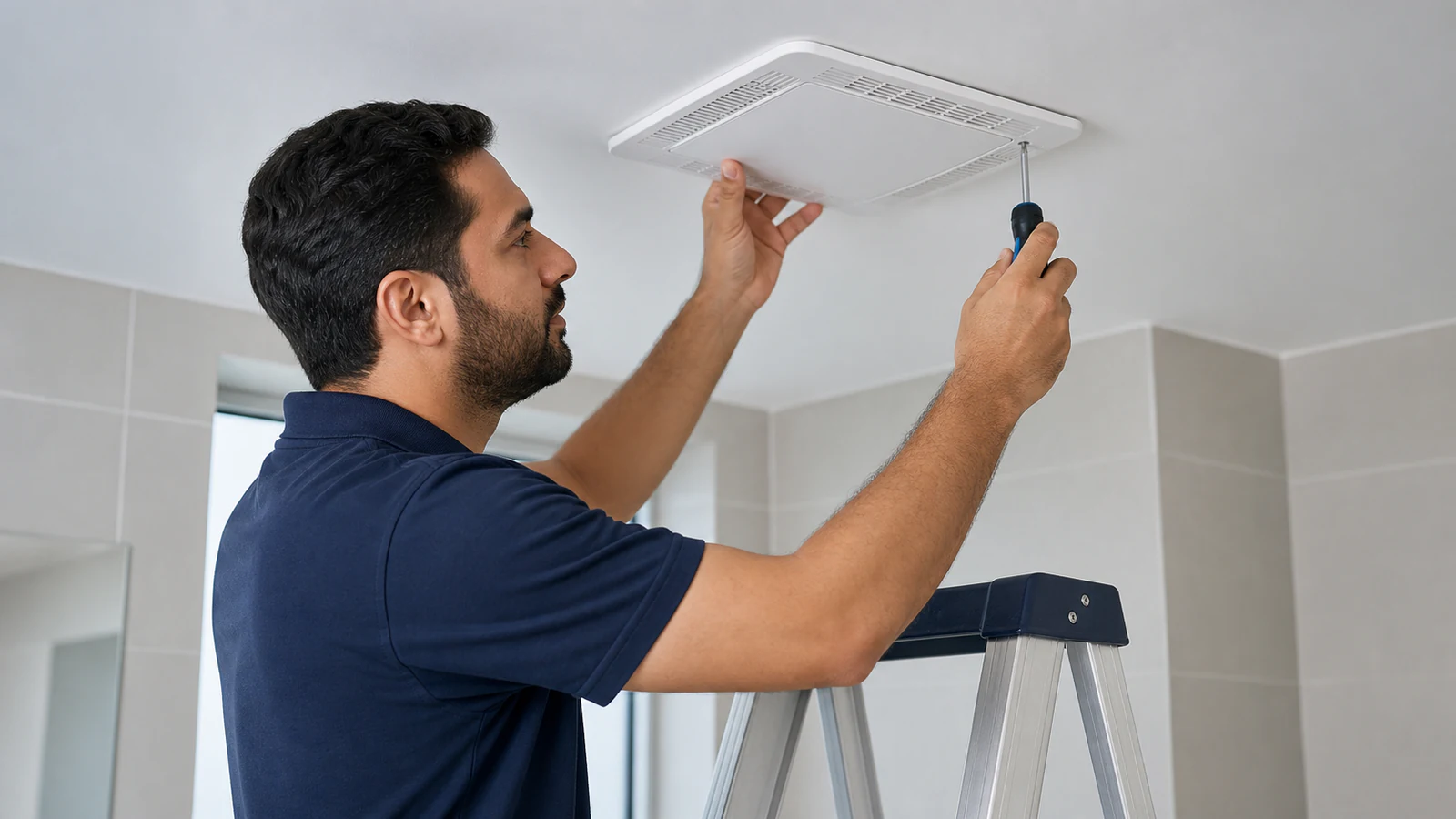 Bathroom extractor fan cover being carefully removed with a screwdriver, ready for washing.