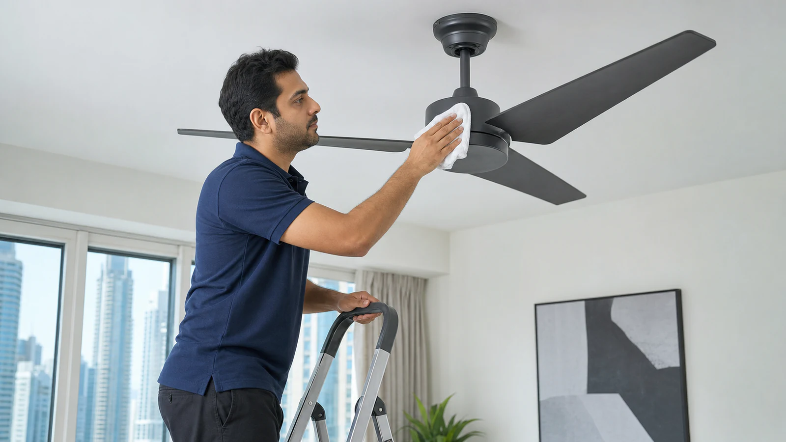 Dry microfibre cloth wiping the exterior of a ceiling fan motor housing from a safe platform.