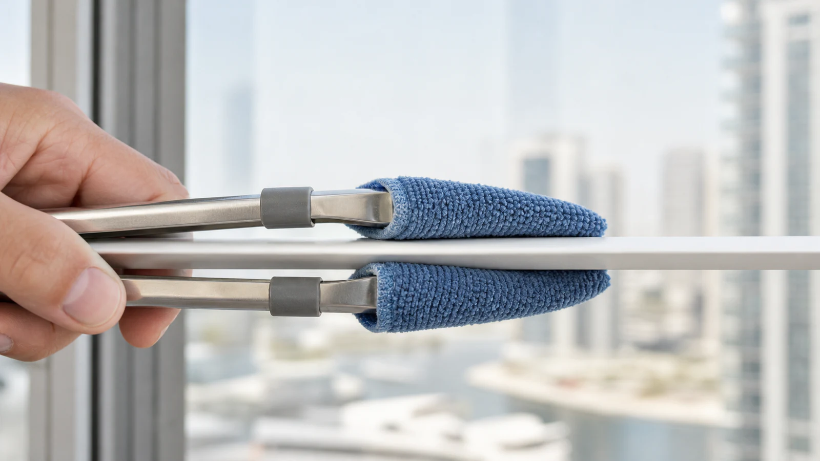 Wrapped kitchen tongs with microfibre cloths clamping a venetian blind slat, showing both surfaces in contact.