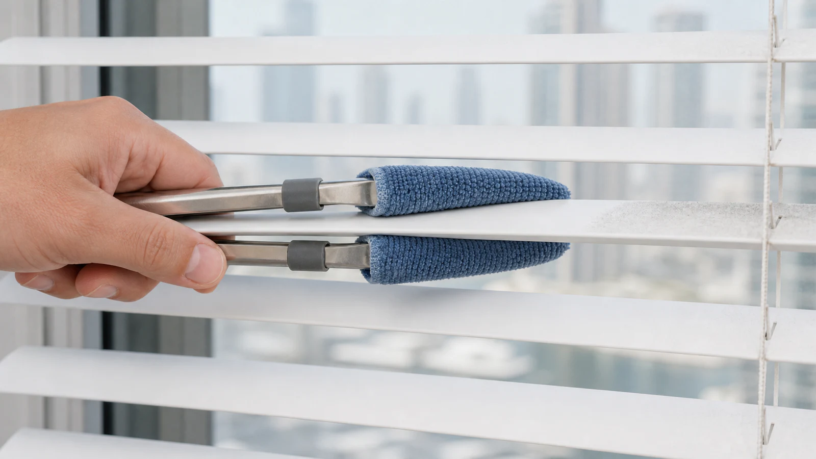 Wrapped tongs clamping a venetian blind slat, mid-pull, with microfibre cloths visible on both top and bottom of the slat.