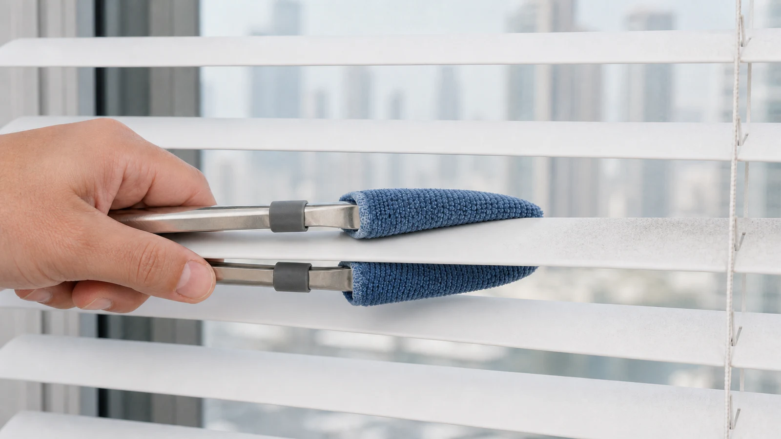 Wrapped tongs moving to the second slat of a venetian blind, with the first slat already cleaned above it.