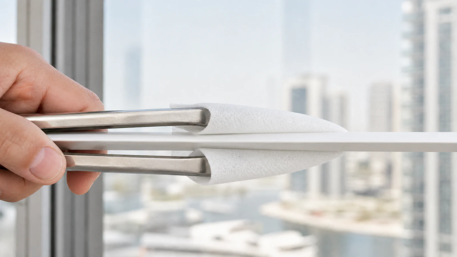 Kitchen tongs wrapped with clean dry microfibre wiping both sides of an intact venetian blind slat