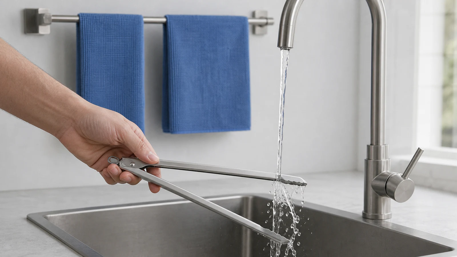 Clean kitchen tongs being held under running water in a kitchen sink, microfibre cloths hanging on a rail to dry.