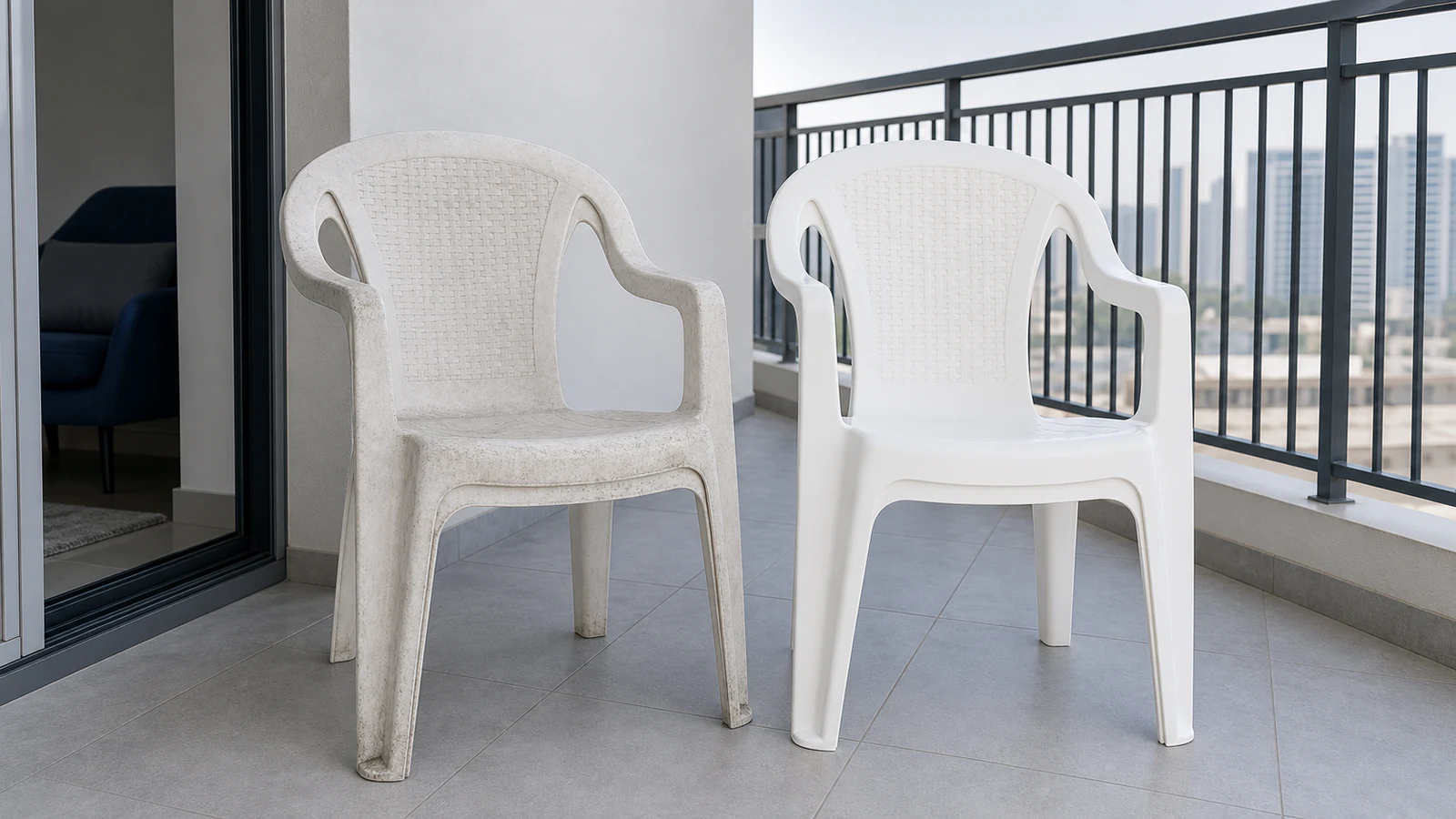 Two identical white plastic outdoor chairs side by side on a balcony: one visibly grey and soiled, the other freshly cleaned and bright white, showing the dramatic difference between neglected and maintained furniture.