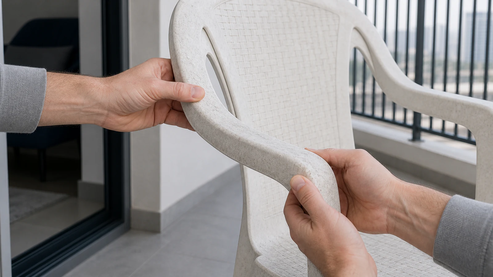 Close-up of hands gently flexing the backrest corner of a white plastic chair outdoors, testing for brittleness or cracks.