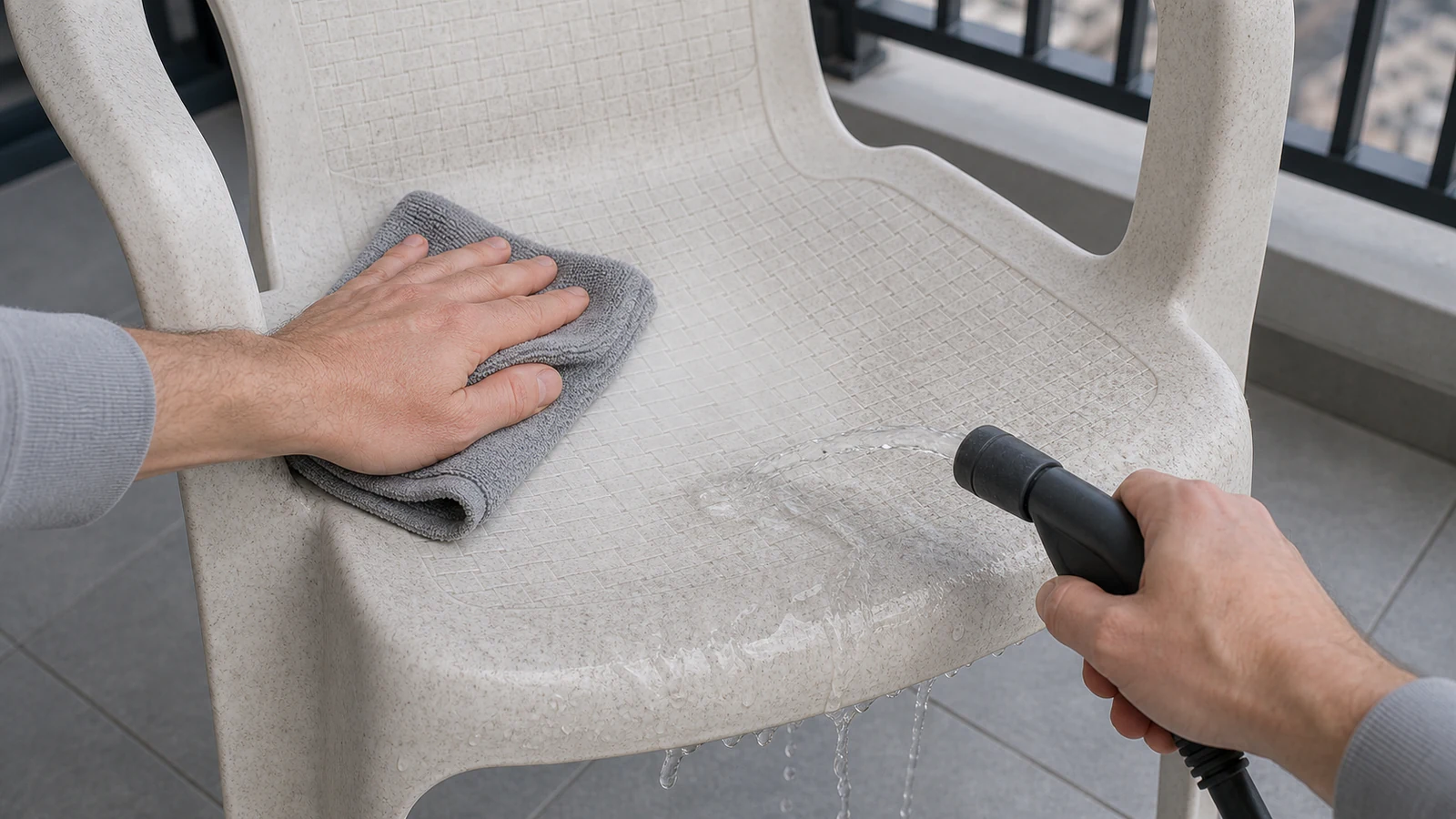 A hand holding a soft microfibre cloth, gently wiping the seat of a white plastic chair under running water from a garden hose.