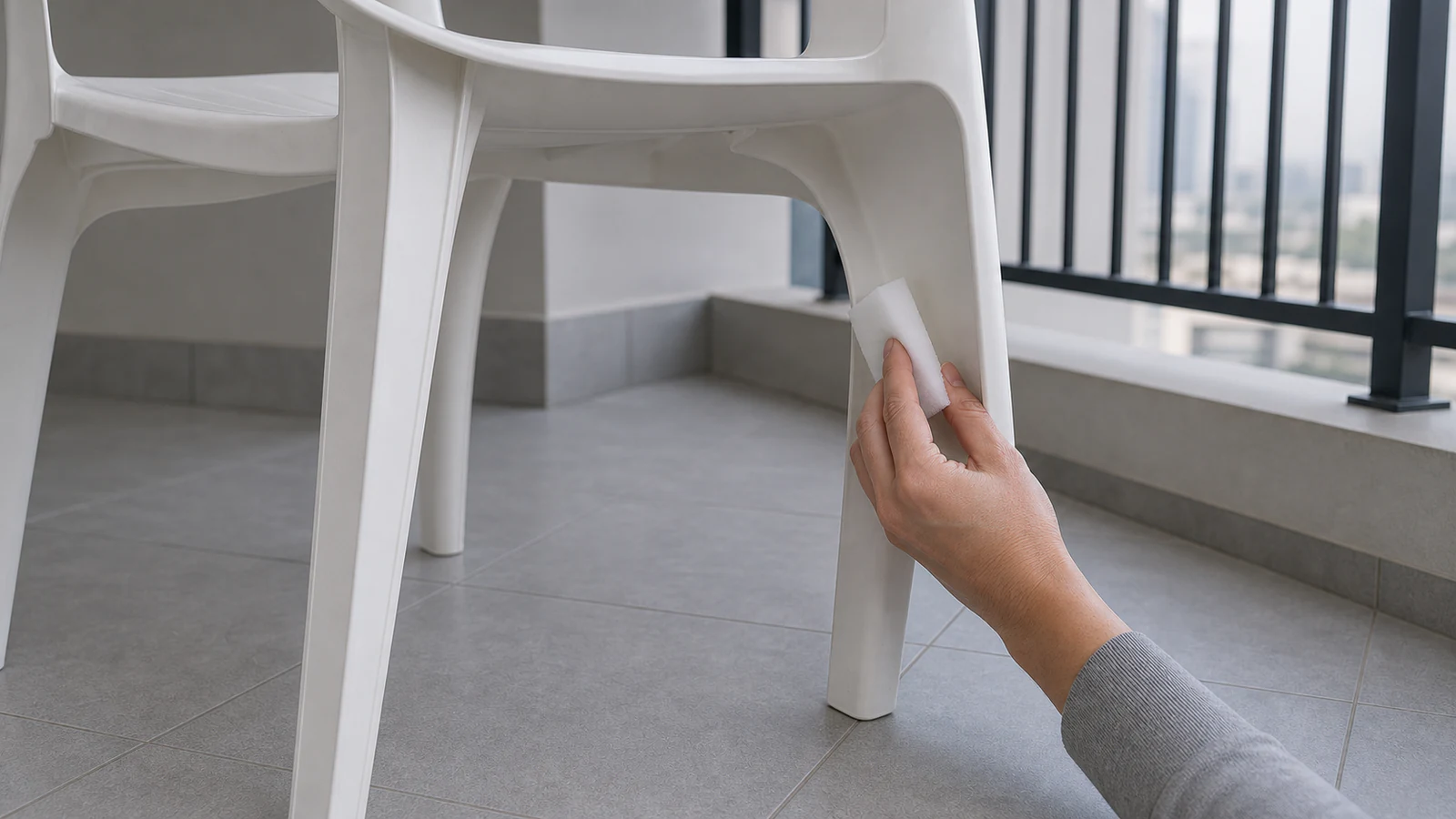 A soft cloth patch-tests a manufacturer-approved plastic cleaner on a hidden underside corner of a chair.