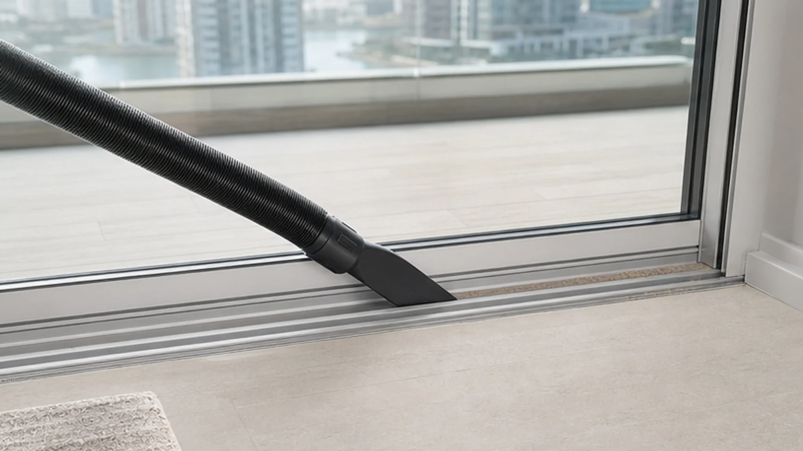 Hand pointing to the silver adjustment screw on the bottom rail of an open sliding glass door frame.