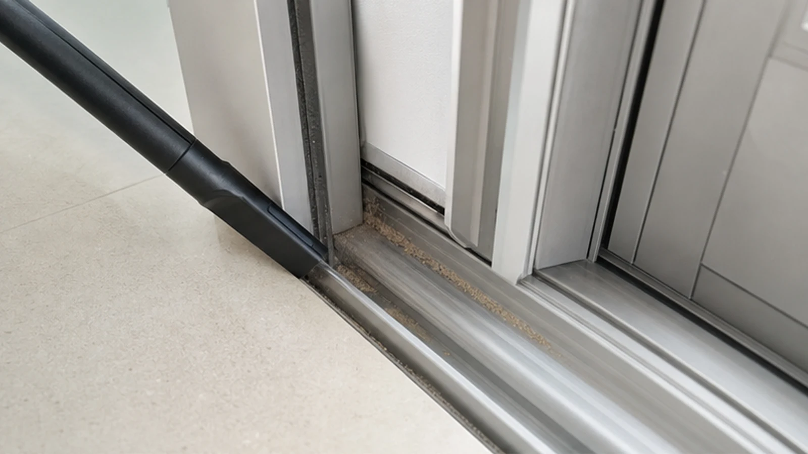 Vacuum hose nozzle inserted into the bottom track channel of a sliding door while the panel remains open.