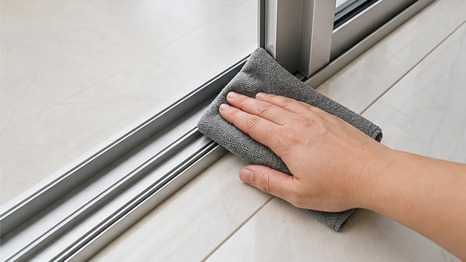 A hand holding a dry silicone spray can angled toward the bottom track, releasing a fine mist.