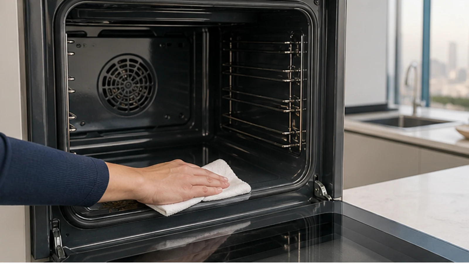 A completely cool oven being wiped with a soft damp cloth according to its model-specific cleaning instructions.