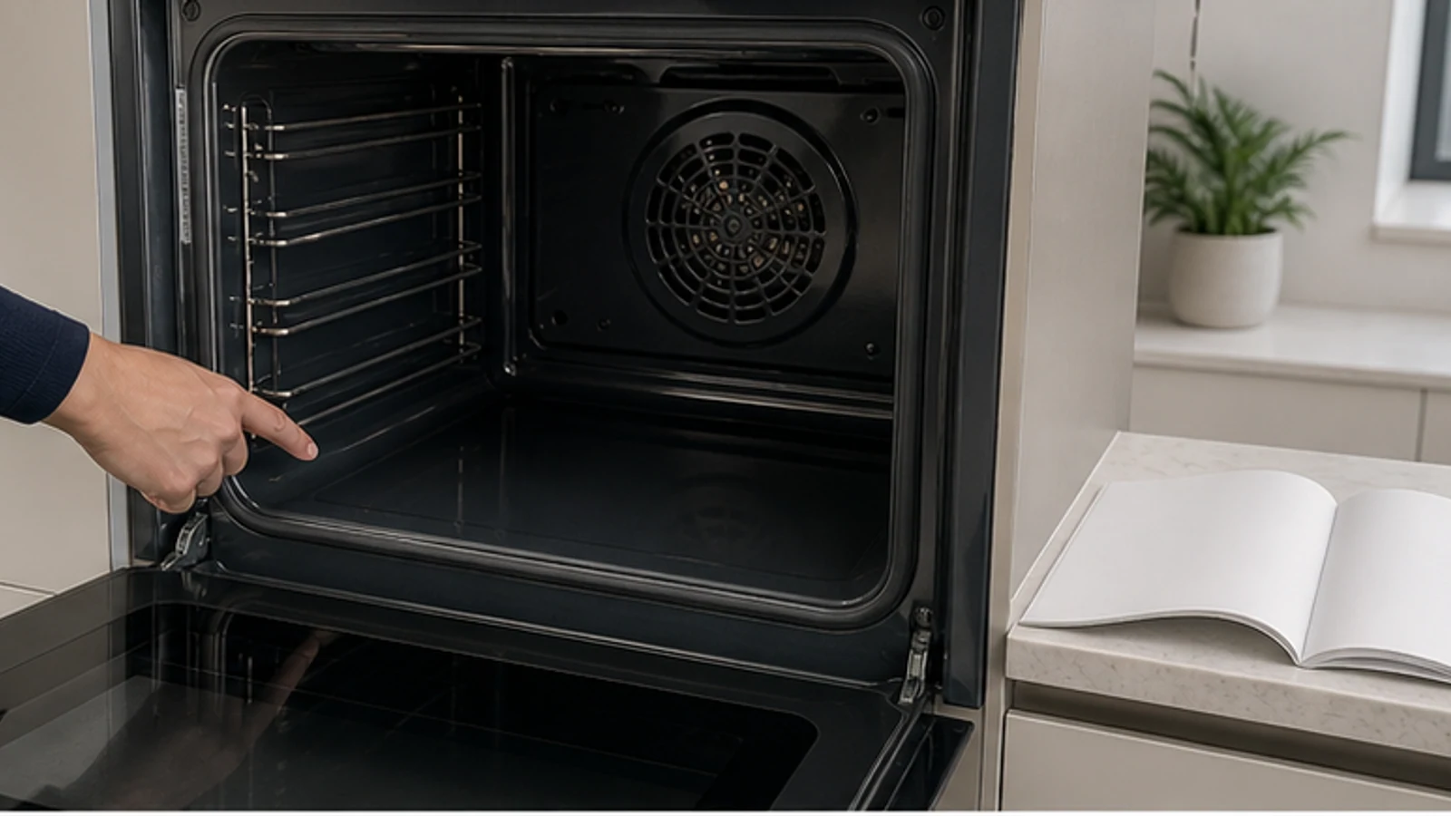 Hand touching oven exterior to verify it is cool; circuit breaker switch visible in background.