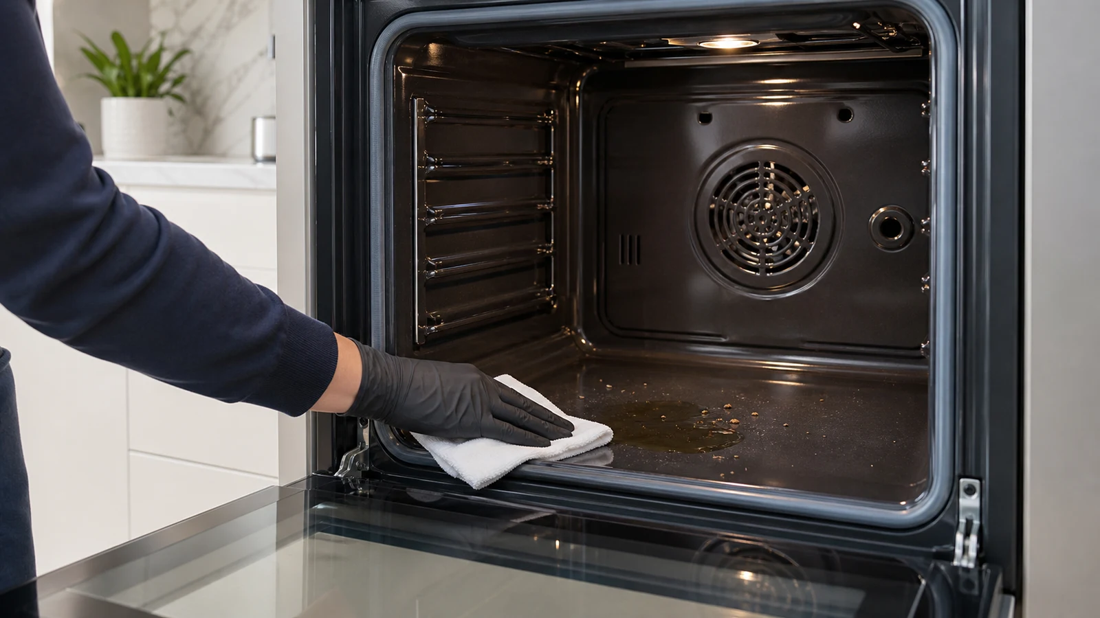 Gloved hand using a plastic spreader to apply white baking soda paste to the oven chamber wall, avoiding the heating element visible at top.