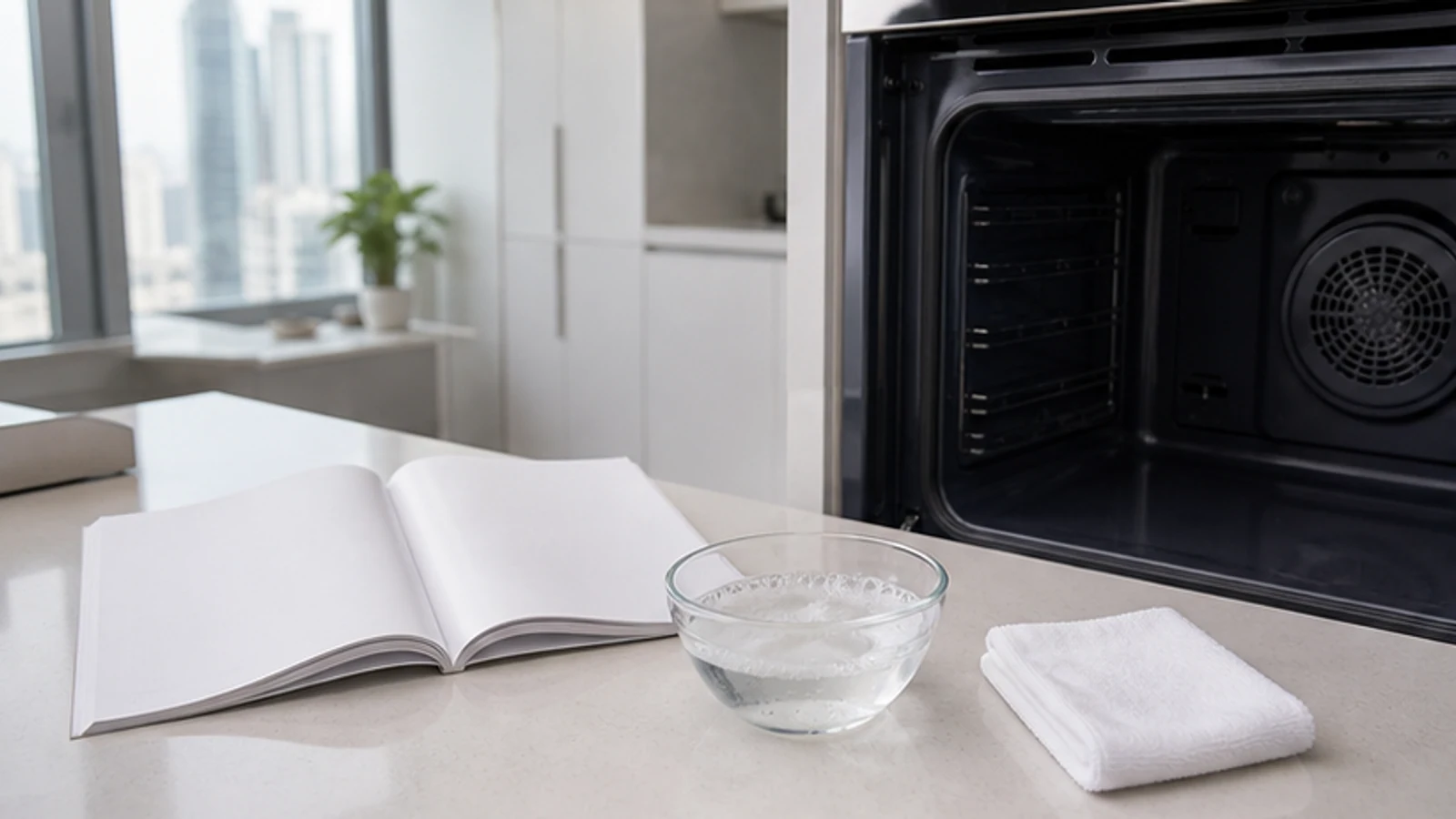 Oven door closed softly, interior showing white baking soda paste applied to walls and floor in dim interior light.