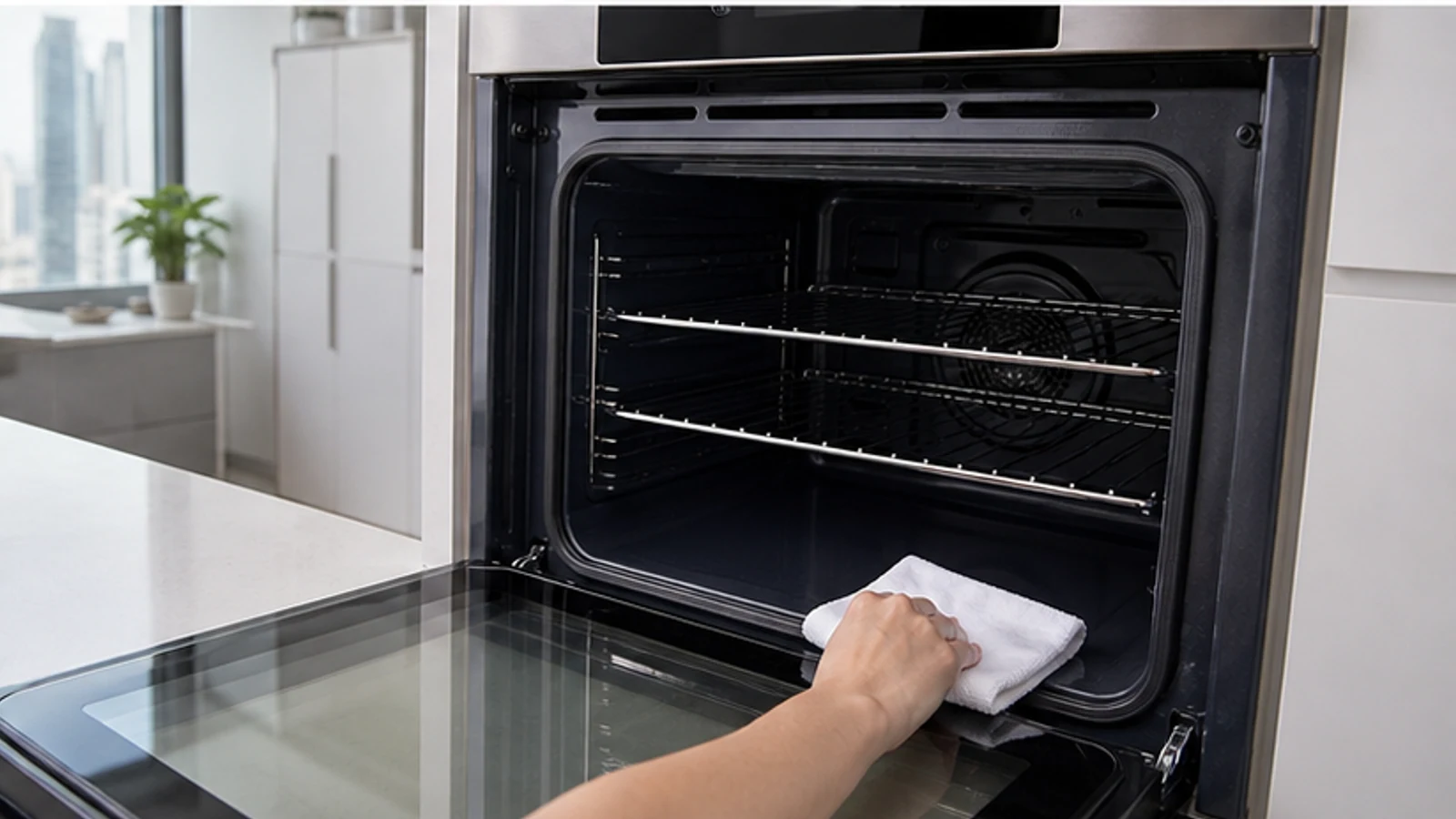 Gloved hand wiping the external oven door glass with a damp cloth, removing residual paste.