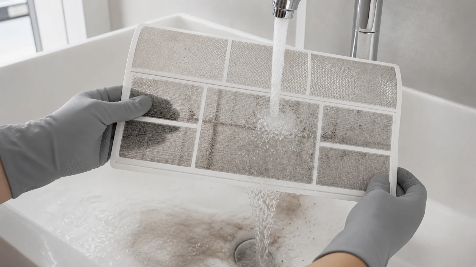 A removable washable split AC filter being rinsed gently after its model manual confirms the method.