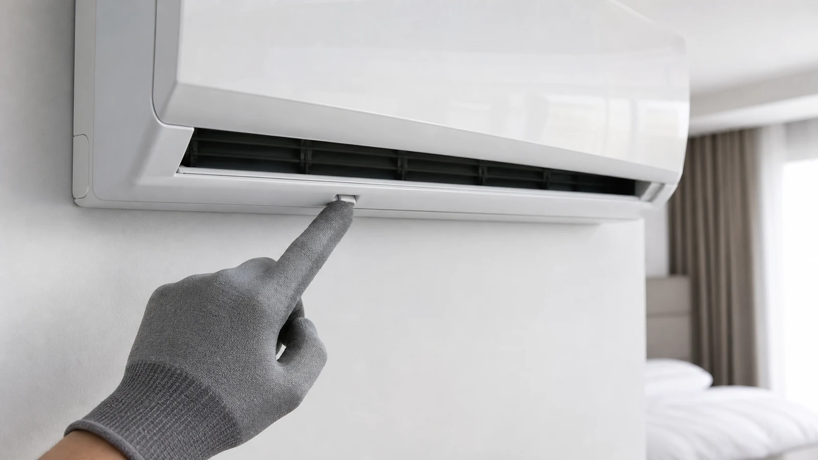 A floor-reachable wall split AC beside its model manual after the indoor fan has stopped.