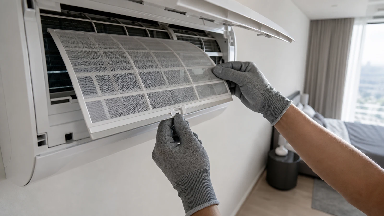 Hands gently sliding a documented mesh filter from a floor-reachable wall split AC.