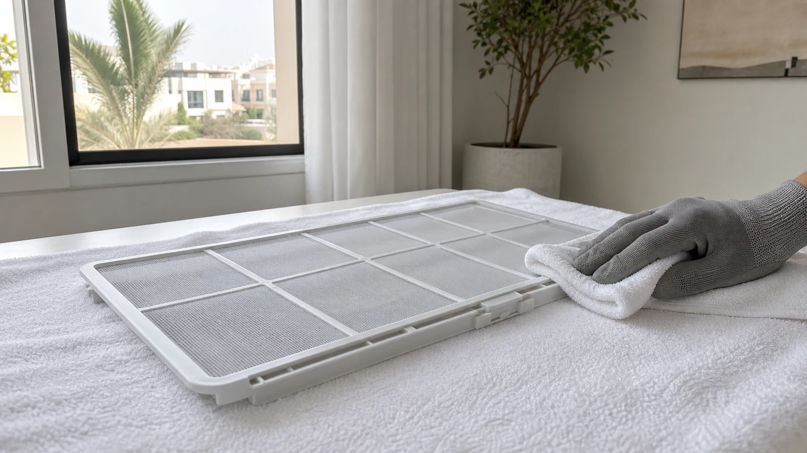 Clean AC filter drying flat on a white towel in a shaded, ventilated room after excess water is blotted away.