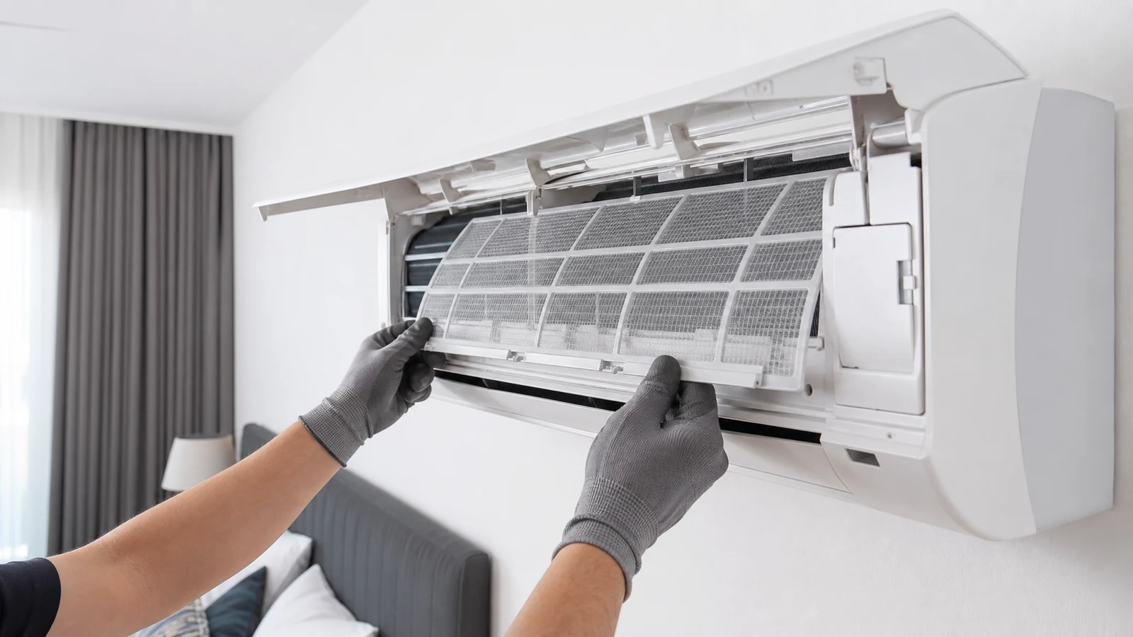 Dry filter being slid back into a split AC unit. The latch is clicking into place. The front panel is now fully closed.