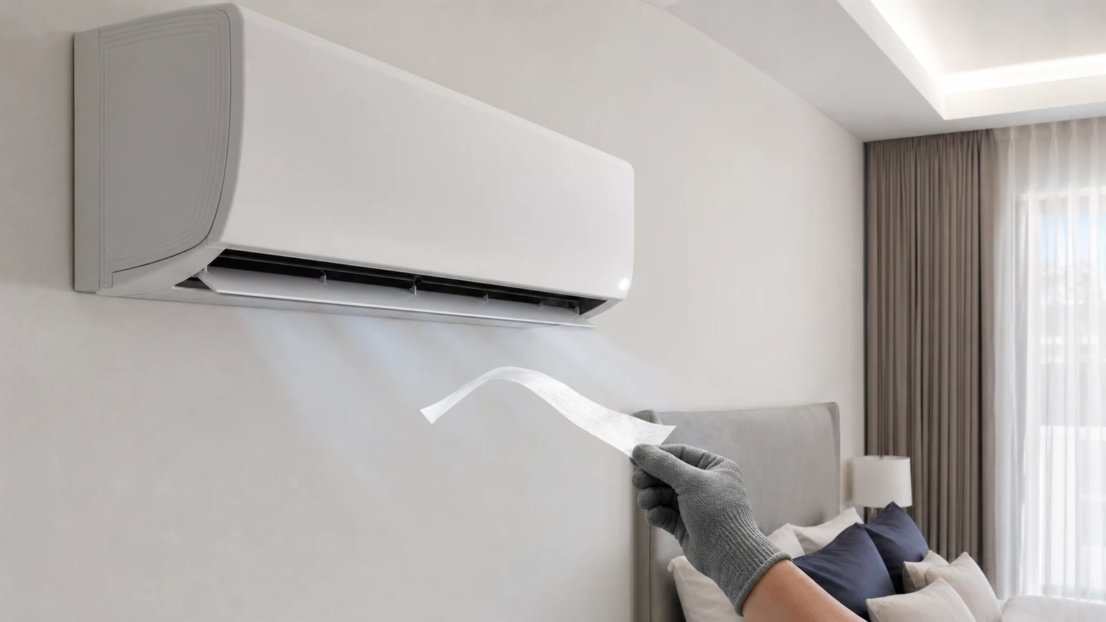 Split AC unit with the front panel closed and power-on indicator light illuminated. A hand holds a tissue near the vent to show strong airflow.