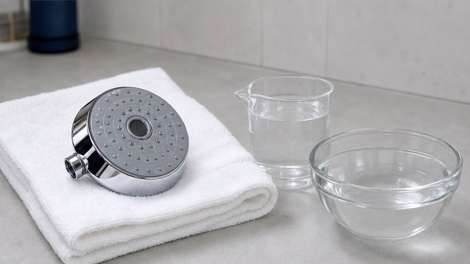 A hand using a soft nylon toothbrush to clean the nozzles of a shower head while rinsing it over a white sink.
