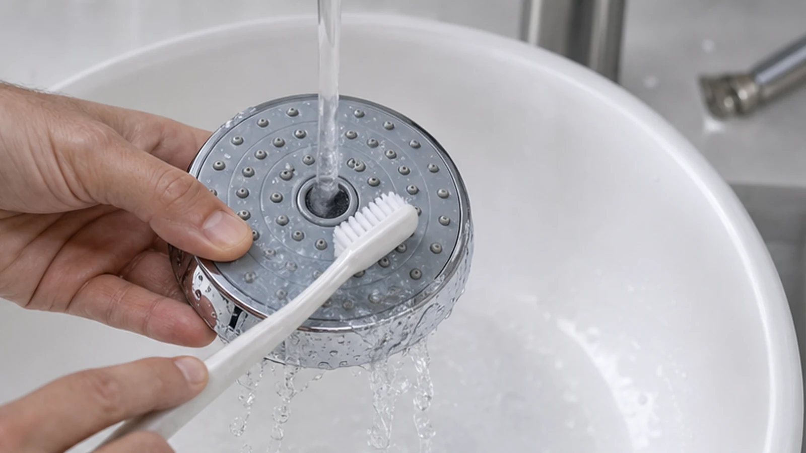 Hand rinsing a removable shower head thoroughly with clean water over a basin
