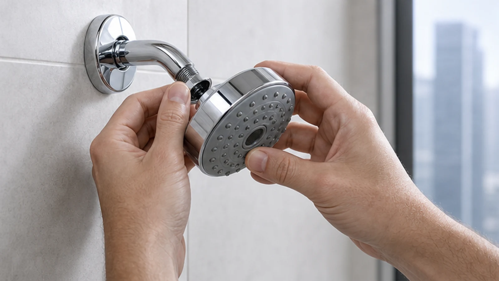 A hand aligning a clean chrome shower head with the wall connector while a dark rubber washer is seated inside the connection.
