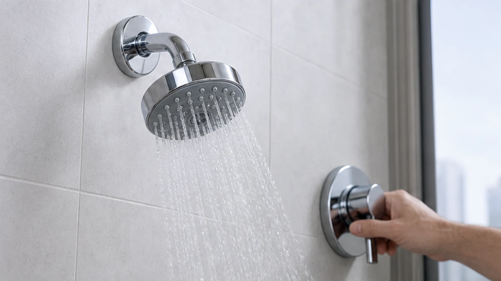 A clean reinstalled chrome shower head producing an even, strong spray while a hand turns the shower control.