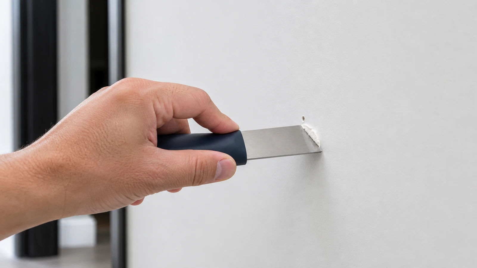 Close-up of a flexible filling knife applying white spackle into a small nail hole in a painted drywall, with feathered edges beginning to blend into the surrounding surface.