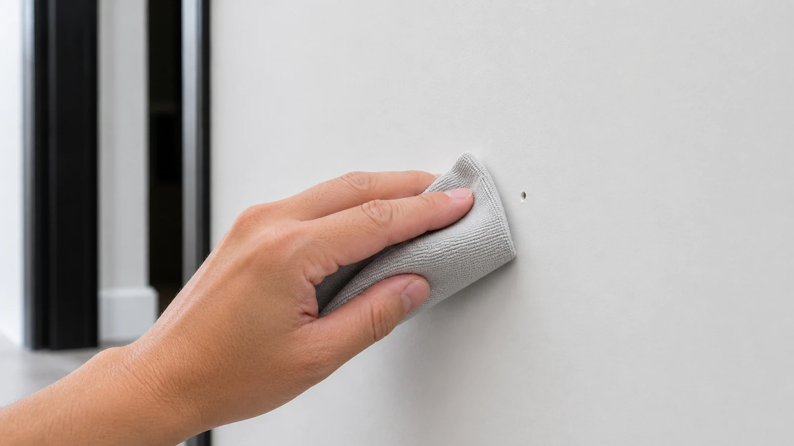 A hand wiping a painted wall surface with a lint-free cloth near a small nail hole, removing dust, in neutral daylight.