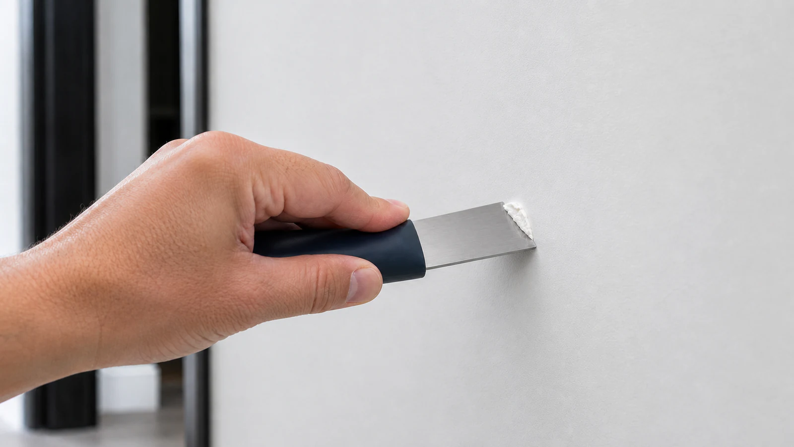 A flexible filling knife pushing white spackle directly into a nail hole in painted drywall, the blade angled to force filler into the cavity.