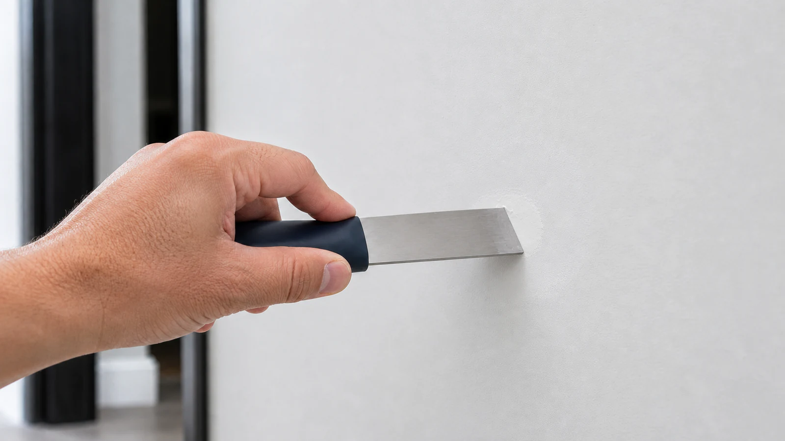 A flexible filling knife drawn lightly across filled nail hole in a feathering motion, spreading white spackle outward and blending it into the surrounding painted wall.