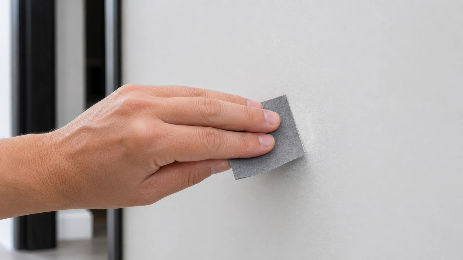 A hand holding fine-grit sandpaper sanding a dried nail hole repair in light circular motions, with dust visible around the work area.