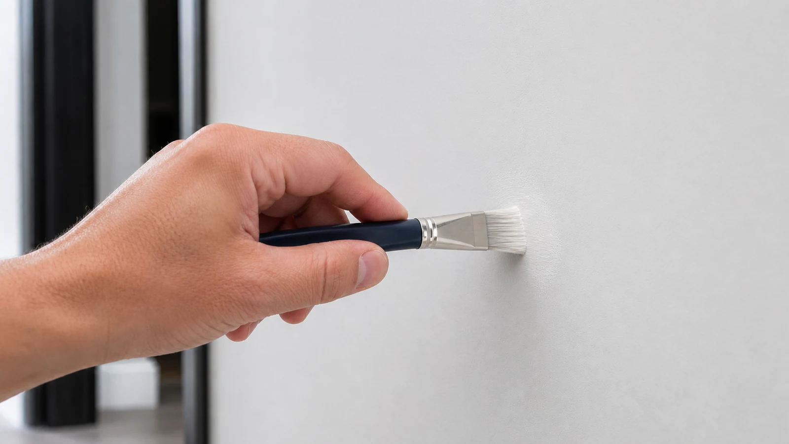 A small brush or foam applicator applying thin, matching paint over a sanded nail hole repair, feathering the edge into the surrounding painted wall.